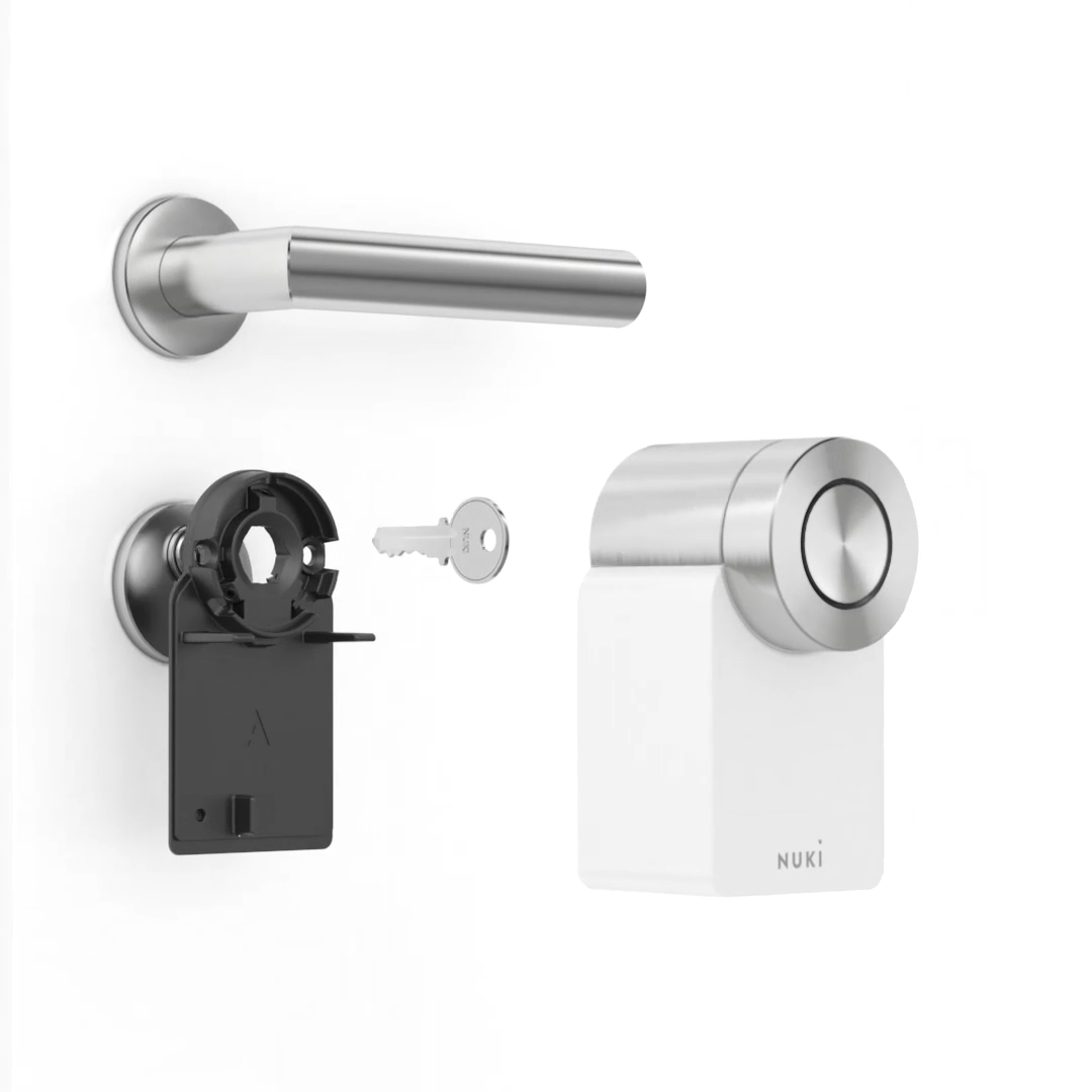 Schema explodata cu componentele Nuki Smart Lock inainte de a fi montata pe usa